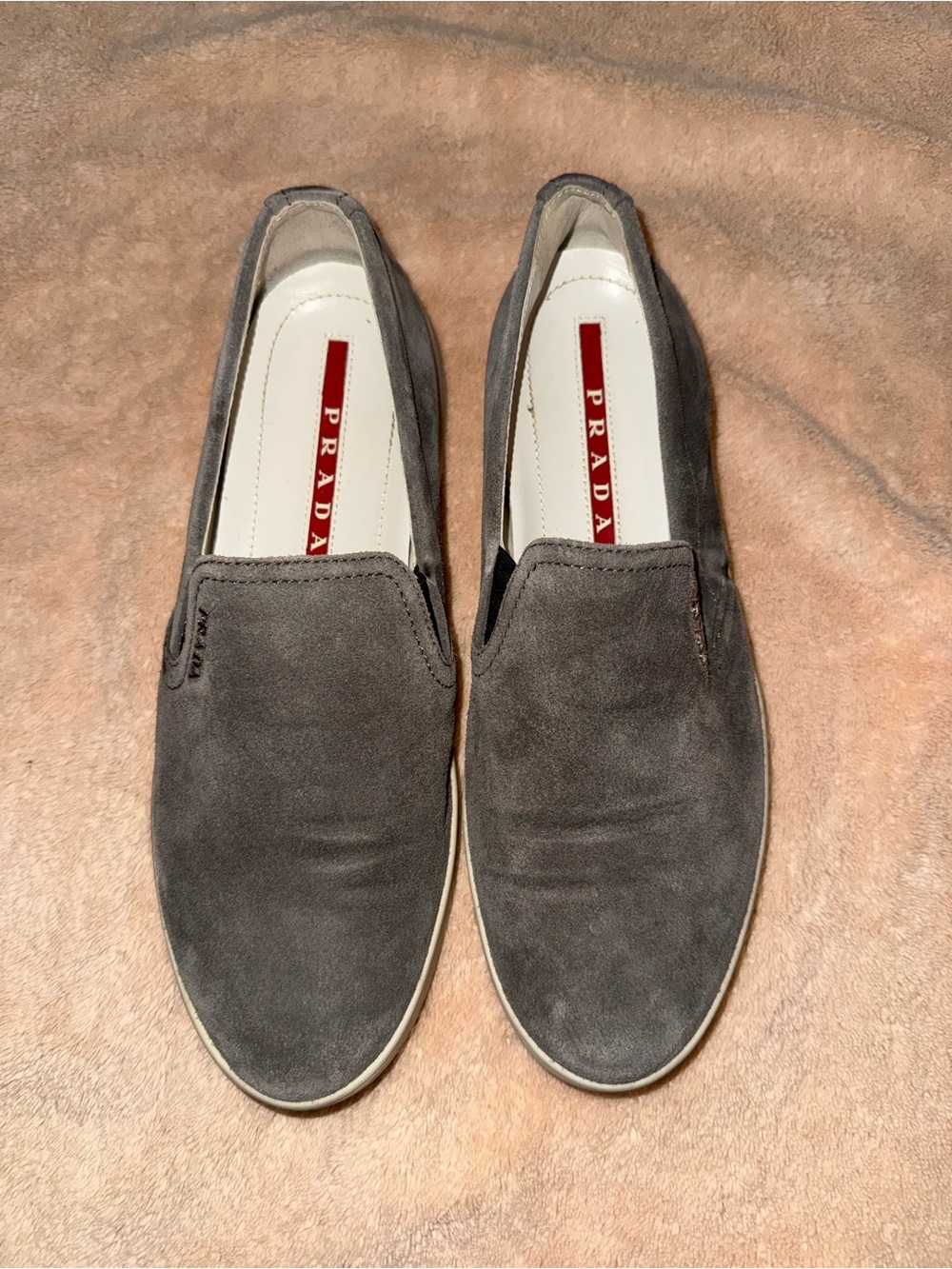 Prada Gray Suede Slip-On Loafers with White Insole Trim